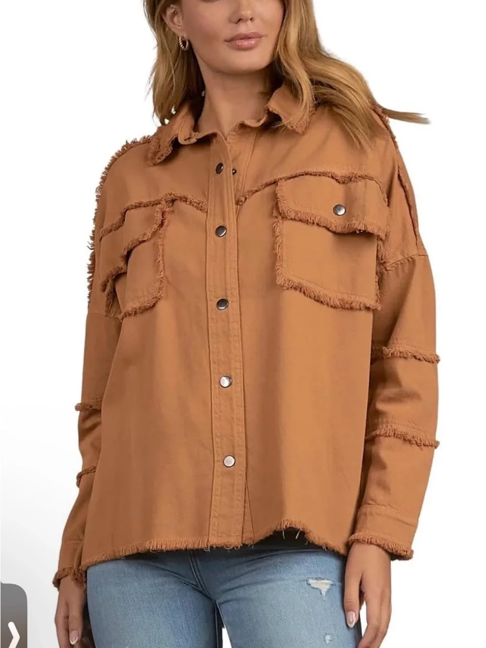 NWT Elan Rock & Roll Oversized Shacket Jacket Large Camel Frayed Utility DE8121 - Picture 2 of 4